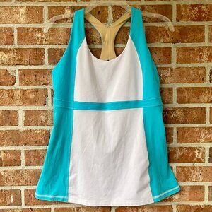 Lululemon Athletica Racerback Built-In-Bra Tank Top Turquoise Blue/White Size 10